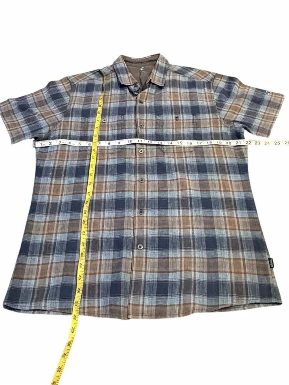 KÜHL Skorpio Men’s Medium Blue Brown Plaid Linen Blend Short Sleeve Shirt